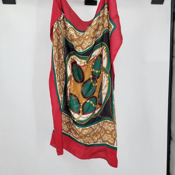 Talbots Womens Red/Green/Gold Multicolor Holiday 100% Silk Scarf 36" x 33" - Picture 2 of 6